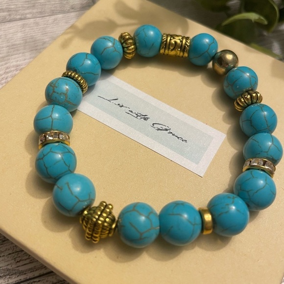 Handmade Crackle Quartz Stone Bracelet Golden Double Row  Crackle Blue Quartz and Gold 10mm stretch Bracelet, gold accents handmade